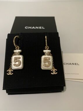 CHANEL Gold and Perfume No.5 Drop Earrings with CC Charm